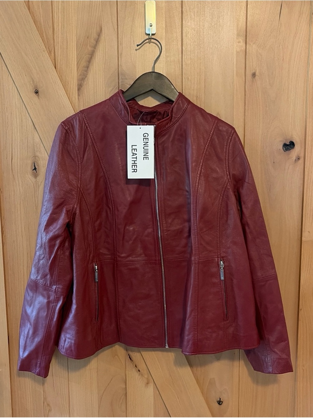 NWT Deep Red 100% Leather Moto Jacket Full Zip Jessica London Womens 18W